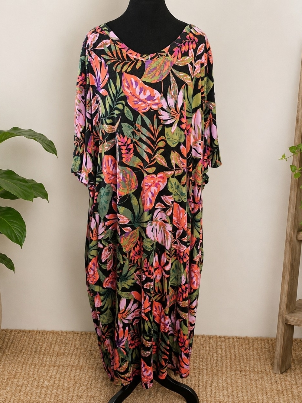 Davina 5X Tropical Floral Beach Dress Rayon Blend Pockets Ruched Tie Sleeve Boho